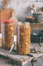Homemade Apple Jam with Cinnamon. Pieces of apples in caramel syrup for baking pie. Autumn canning and preserving. Conservation of Royalty Free Stock Photo