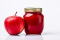 Homemade apple jam in glass jar on white background with customizable text space for personalization