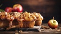 Homemade apple muffins with caramelized apples and cinnamon on wooden background Generative AI