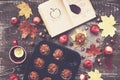 Homemade apple muffins and cup of tea with lemon, autumn mood Royalty Free Stock Photo