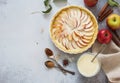 Homemade apple pie in baking tray, fresh apples and bowl of cream