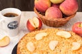 Homemade apple pie closeup, pple pie and cup of coffee on rustic table Royalty Free Stock Photo