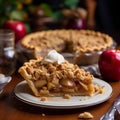 Homemade apple pie with ice cream on a wooden background. Selective focus.