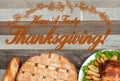 Homemade apple pie and roasted whole turkey on wooden table. Thanksgiving Celebration Traditional Dinner Setting Food Concept Royalty Free Stock Photo