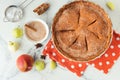 Homemade apple pie on the white marble background with cinnamon flavor covered with sugar Flaky Crust Royalty Free Stock Photo