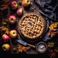 A Homemade apple pies on rustic background and apples, classic dessert for Thanksgiving, top view