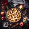A Homemade apple pies on rustic background and apples, classic dessert for Thanksgiving, top view,