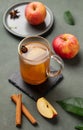 Homemade apple punch with fresh apples, cinnamon and spices in cup on a green background with fresh fruits and branch