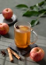 Homemade apple punch with fresh apples, cinnamon and spices in cup on a green background with fresh fruits, branch and morning