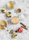 Homemade apple sauce in glass jars on light background. Royalty Free Stock Photo