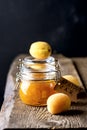 Homemade Apricot Jam in Jars and Fresh Fruits Apricot Old Wooden Background Dark Photo Vertical Royalty Free Stock Photo