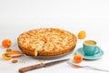 Homemade apricot pie with gooseberry and frangipane decorated with almond petals on white wooden table. Royalty Free Stock Photo