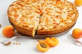 Homemade apricot pie with gooseberry and frangipane decorated with almond petals on white wooden table. Royalty Free Stock Photo