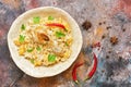 Homemade Arabian biryani overhead view on a rustic background with spices. Chicken Kabsa Royalty Free Stock Photo