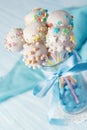 Homemade assorted cake pops with multi colored sprinkles, sweet food ideas for kids, closeup with selective focus Royalty Free Stock Photo