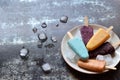 Homemade assorted flavors and colors of frozen yogurt or icecream popsicles from fruits. Summer ice dessert. Healthy food. Copy s Royalty Free Stock Photo