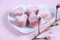 Homemade Australian style pink heart shape small lamington cakes - closeup.