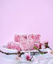 Homemade Australian style pink heart shape small lamington cakes with spring blossom - vertical with copyspace.