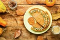 Homemade autumn pumpkin pie,wooden background Royalty Free Stock Photo