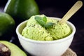 Homemade avocado ice cream, made with frozen organic fruits with no added sugar or dairy. Vegan dessert. Dessert served in