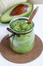 Homemade avocado mask. Prepared from mashed avocado and olive oil. Diy cosmetics.