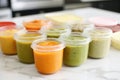 homemade baby food in freezer-safe containers Royalty Free Stock Photo