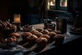 Freshly homemade baked chocolate chips muffins in a rustic setting with icing sugar on the wooden table close-up, Generative AI Royalty Free Stock Photo