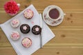Chocolate mini cakes with iced pink flower decorations and space Royalty Free Stock Photo
