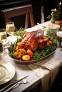 Homemade baked duck on the New Year\'s Christmas table. Christmas dinner, dish.