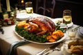 Homemade baked duck on the New Year\'s Christmas table. Christmas dinner, dish.