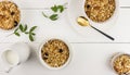 Homemade baked granola in bowls with dried fruits and nuts on a wooden white table. a jug of milk nearby. top view Royalty Free Stock Photo