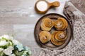 Homemade baked pasties with cabbage and sweet buns with sugar and cinnamon Royalty Free Stock Photo