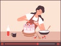 Homemade bakery. Food blogger, girl bake cake online. Culinary live stream, happy woman decoration dessert vector