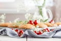 Homemade baking. Cupcakes with cherries.Dessert decorates with fresh berries and leaves. Wooden background. Food styling Royalty Free Stock Photo