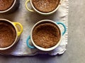 Homemade baking: gluten-free pumpkin custards in ramekins with spoon