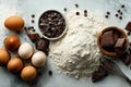 Homemade Baking Ingredients Flour Eggs Dark Chocolate and Chips on a Rustic Surface Royalty Free Stock Photo