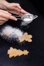 Homemade baking. Sifting powdered sugar or flour on cookies Royalty Free Stock Photo