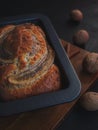 Homemade banana bread with cinnamon and walnuts.