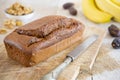 Homemade banana bread on a rustic table