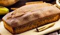 homemade banana bread, vegan bread recipe made with fruits and sweetened with cinnamon, organic and gluten-free snack, macro