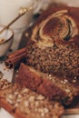 Homemade vegan banana bread sliced on a wooden board close-up Royalty Free Stock Photo