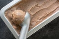 Homemade banana and chocolate ice cream in metallic container. Close up. Top view Royalty Free Stock Photo