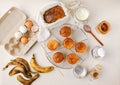 Homemade banana and honey muffins, banana bread, various ingredients, top view Royalty Free Stock Photo