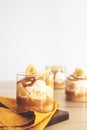 Homemade banoffee pie in a glass cup