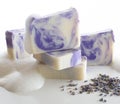 Homemade bars of purple and white lavender soap