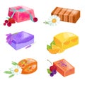 Homemade bars soaps, flowers and essential oil. vector icons set