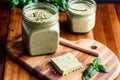 Homemade basil pesto sauce in a glass jar on a wooden board. Healthy food concept. Generative AI Royalty Free Stock Photo