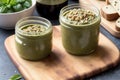 Homemade basil pesto sauce in a glass jar on a wooden board. Healthy food concept. Generative AI
