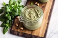 Homemade basil pesto sauce in a glass jar on a wooden board. Healthy food concept. Generative AI Royalty Free Stock Photo