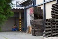 Homemade basketball net in break area